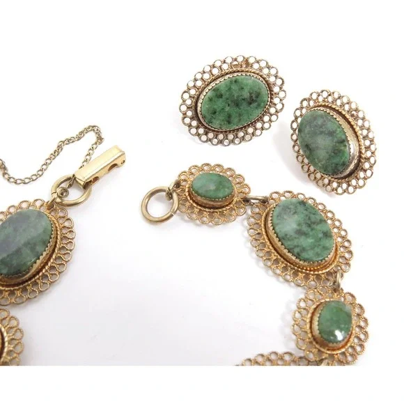 Vintage BEAU STERLING Signed Gold Vermeil Filigree Jade Cab Bracelet & Earrings